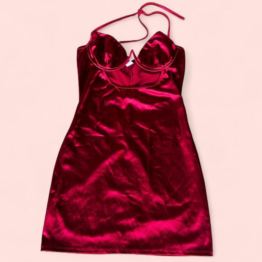 Red satin mini dress with halter neck